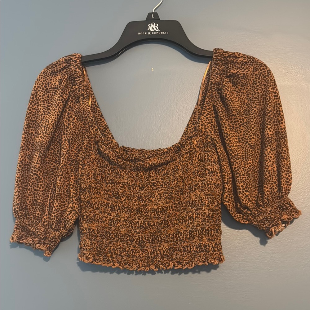 Urban Outfitters Leopard Print Brownish Orange Puff Sleeve Smocked Crop Blouse